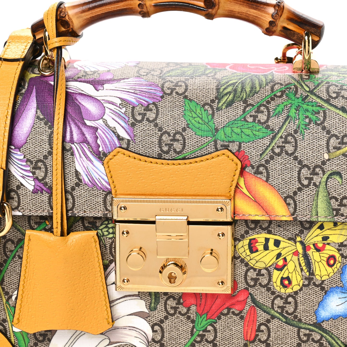 GG Supreme Monogram Flora Small Padlock Bamboo Shoulder Bag Beige Multicolor Crop