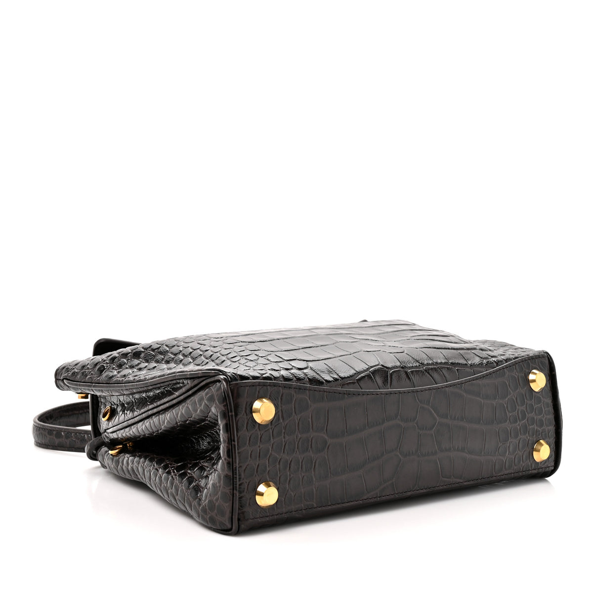 Shiny Calfskin Crocodile Embossed Small Rodeo Top Handle Handbag Espresso