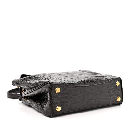 Balenciaga Shiny Calfskin Crocodile Embossed Small Rodeo Top Handle Handbag Espresso 3 of 9