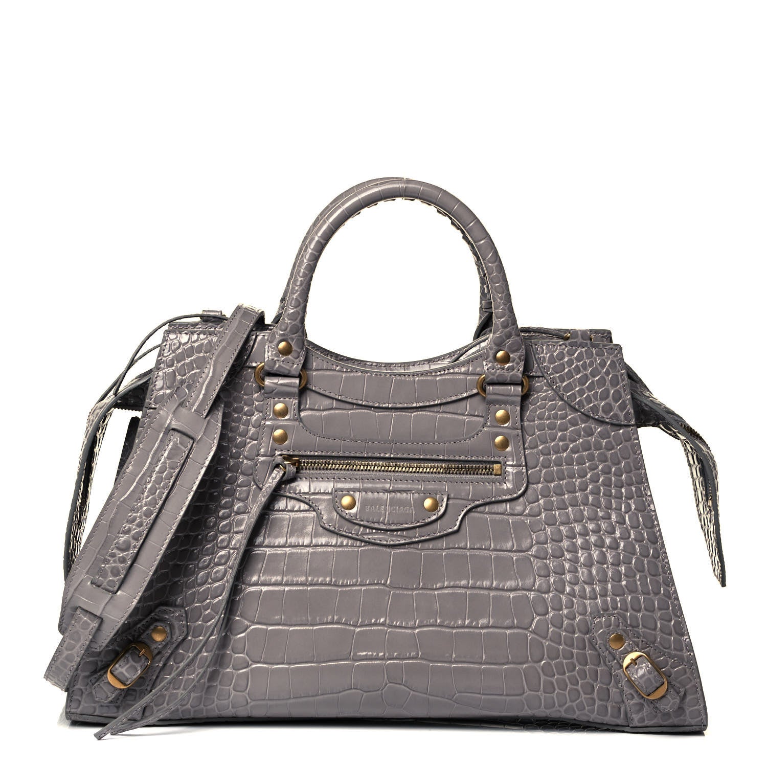 Balenciaga Shiny Supple Calfskin Crocodile Embossed Brass Hardware Neo Classic City Steel Grey 1 of 8