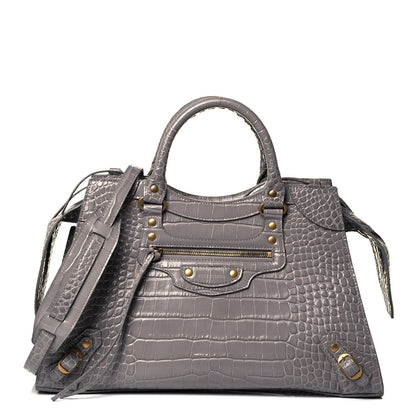 Balenciaga Shiny Supple Calfskin Crocodile Embossed Brass Hardware Neo Classic City Steel Grey 1 of 8