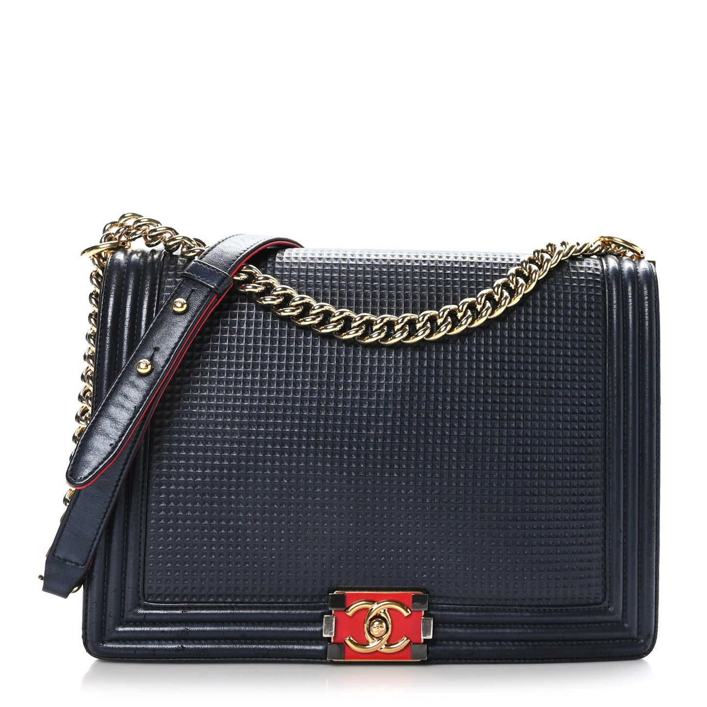 Lambskin Embossed Large Boy Cube Flap Navy Blue