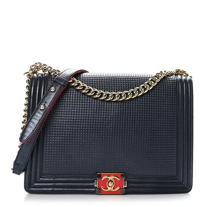 Chanel Lambskin Embossed Large Boy Cube Flap Navy Blue 1 of 9