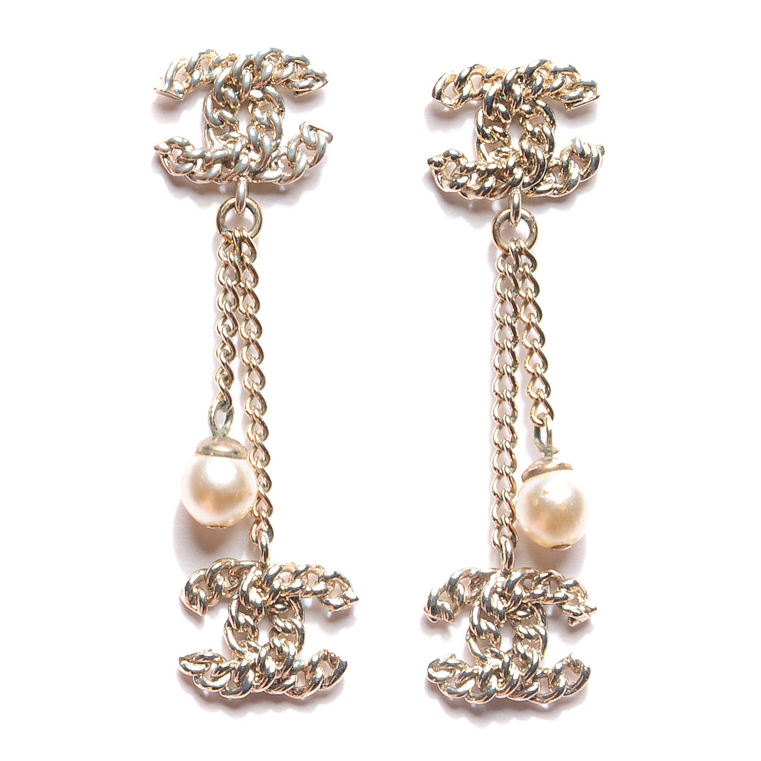 Chanel Chain Pearl CC Drop Earrings Light Gold 1 of 3