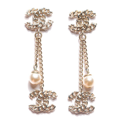 Chanel Chain Pearl CC Drop Earrings Light Gold 1 of 3