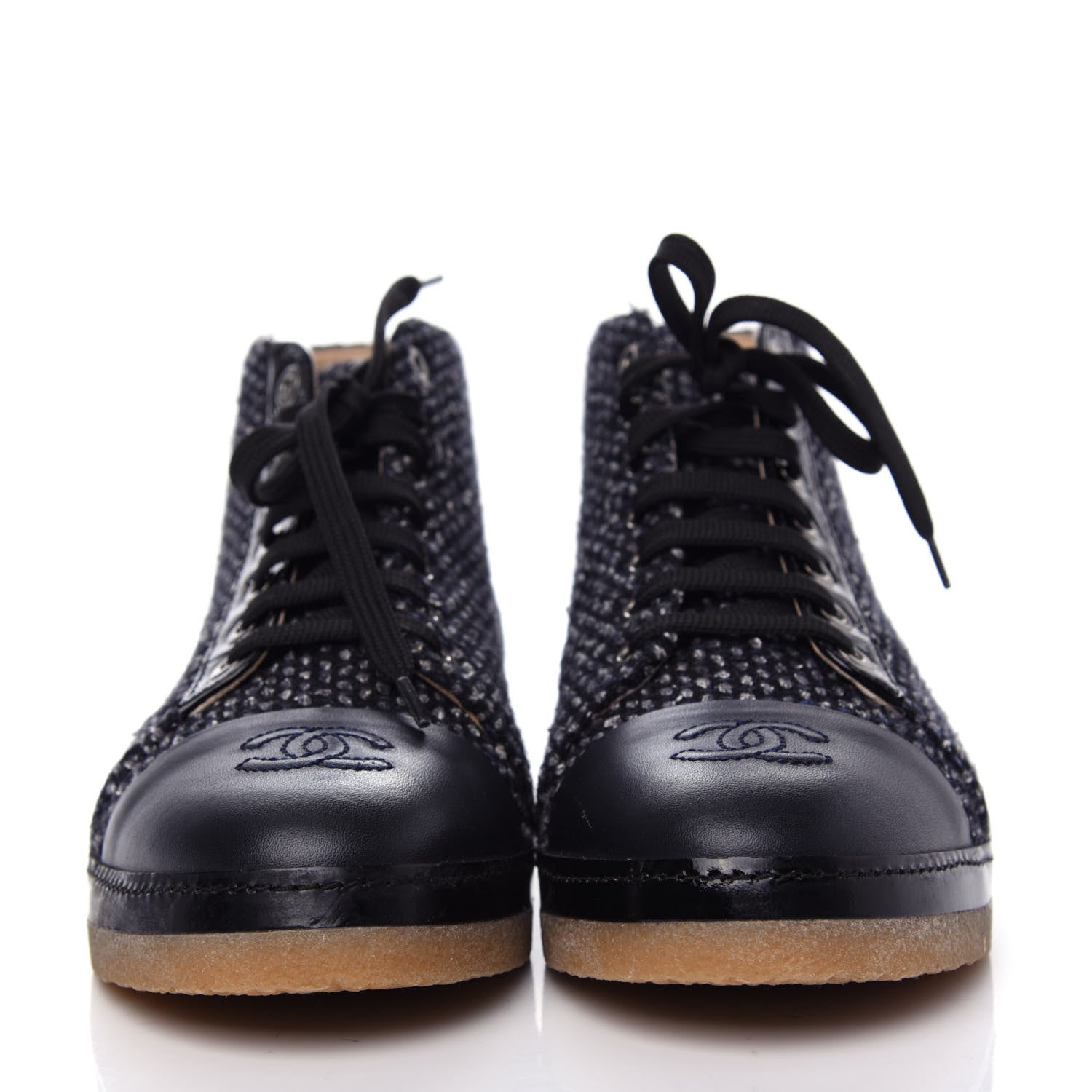 Chanel Tweed Calfskin Patent CC Lace Up Short Boots 38.5 Black Grey Dark Navy 2 of 11