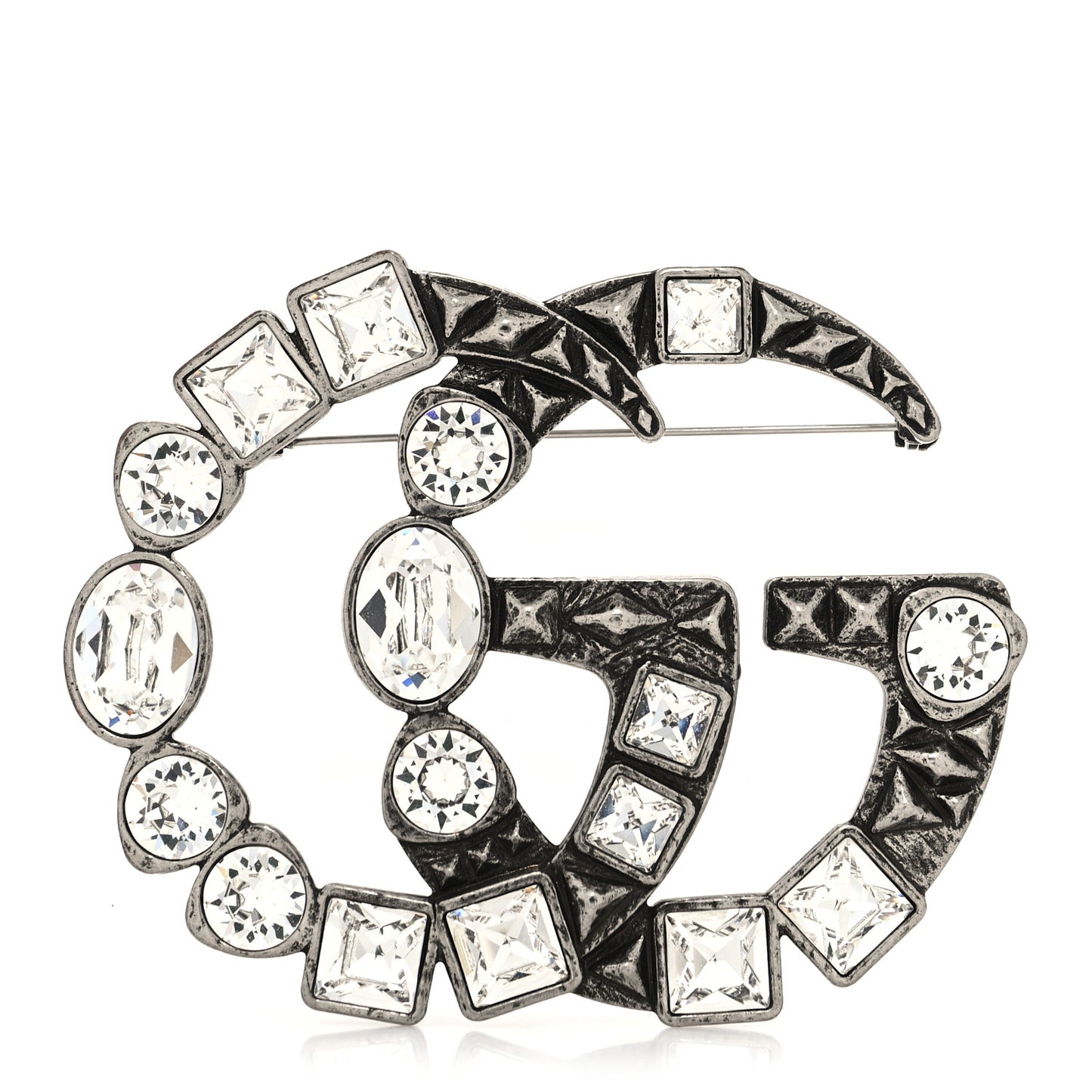 Metal Crystal Double G Brooch Silver