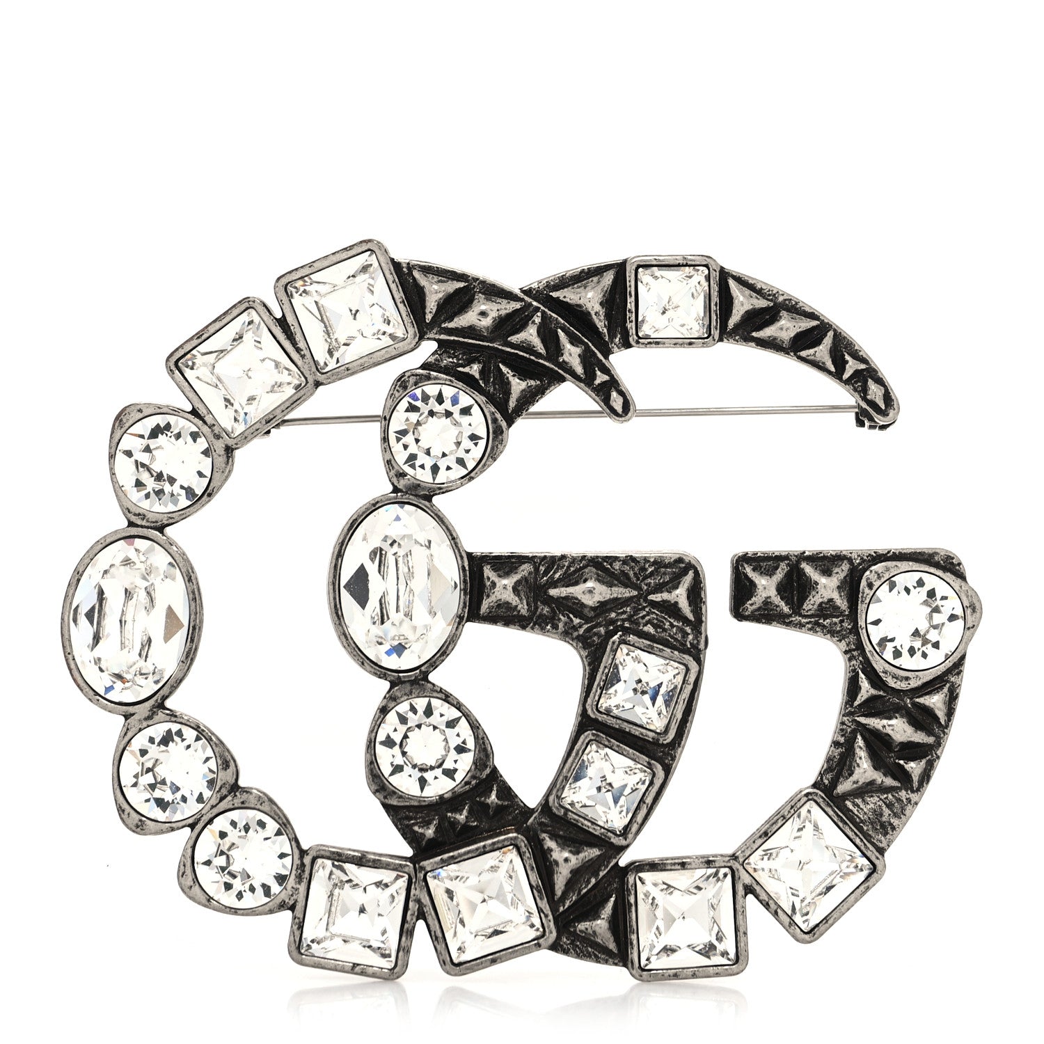 Gucci Metal Crystal Double G Brooch Silver 1 of 4
