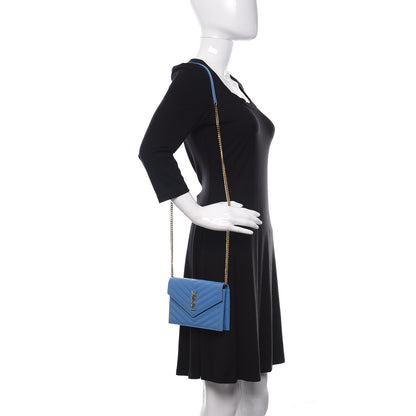 Saint Laurent Grain De Poudre Matelasse Chevron Monogram Envelope Chain Wallet Blue Clair 2 of 11