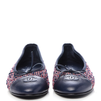 Chanel Tweed Lambskin Cap Toe Ballerina Flats 40 Navy Red 2 of 8