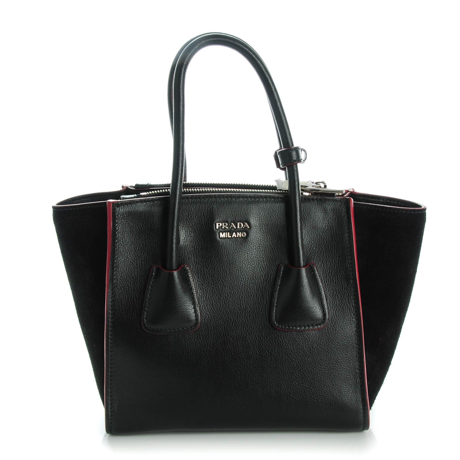 Prada Glace Calf Scamosciato Suede Mini Twin Pocket Tote Black Rosso 1 of 8