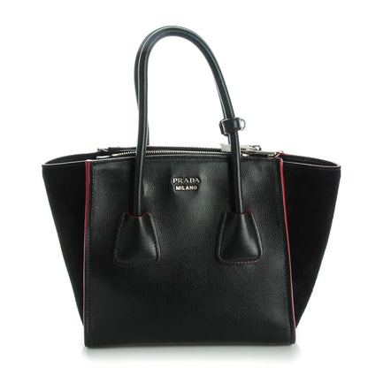 Prada Glace Calf Scamosciato Suede Mini Twin Pocket Tote Black Rosso 1 of 8