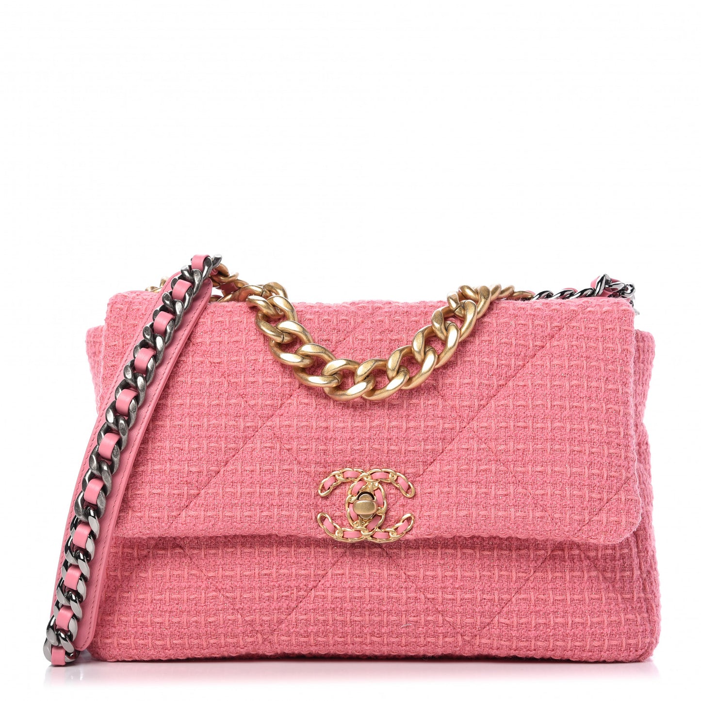 Metallic Tweed Quilted Large Chanel 19 Flap Pink