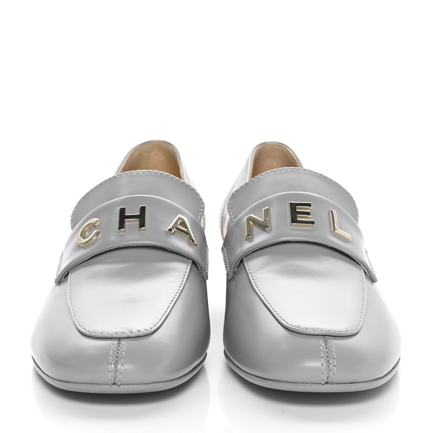 Shiny Calfskin Logo Loafers 36.5 Light Grey