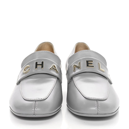 Chanel Shiny Calfskin Logo Loafers 36.5 Light Grey 2 of 10