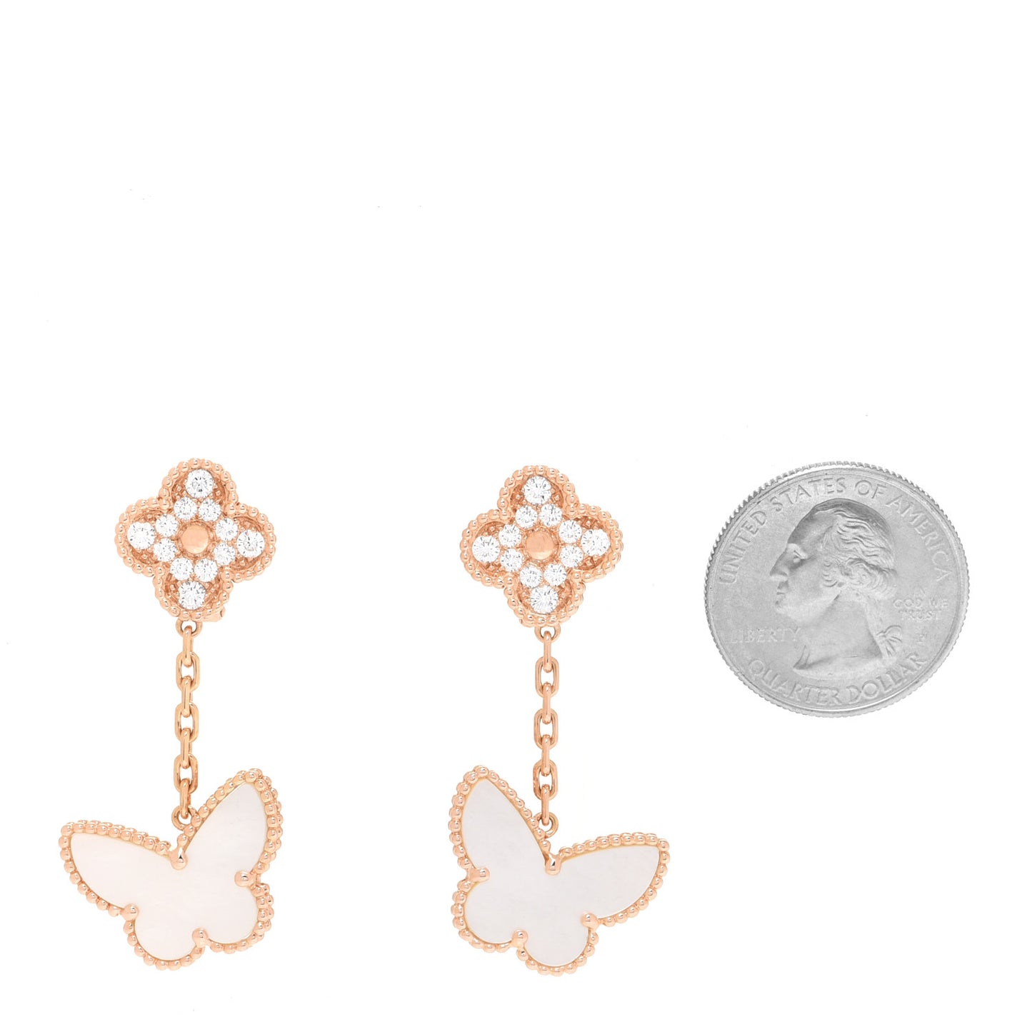 18K Rose Gold Diamond Mother of Pearl Lucky Alhambra 2 Motifs Butterfly Earrings