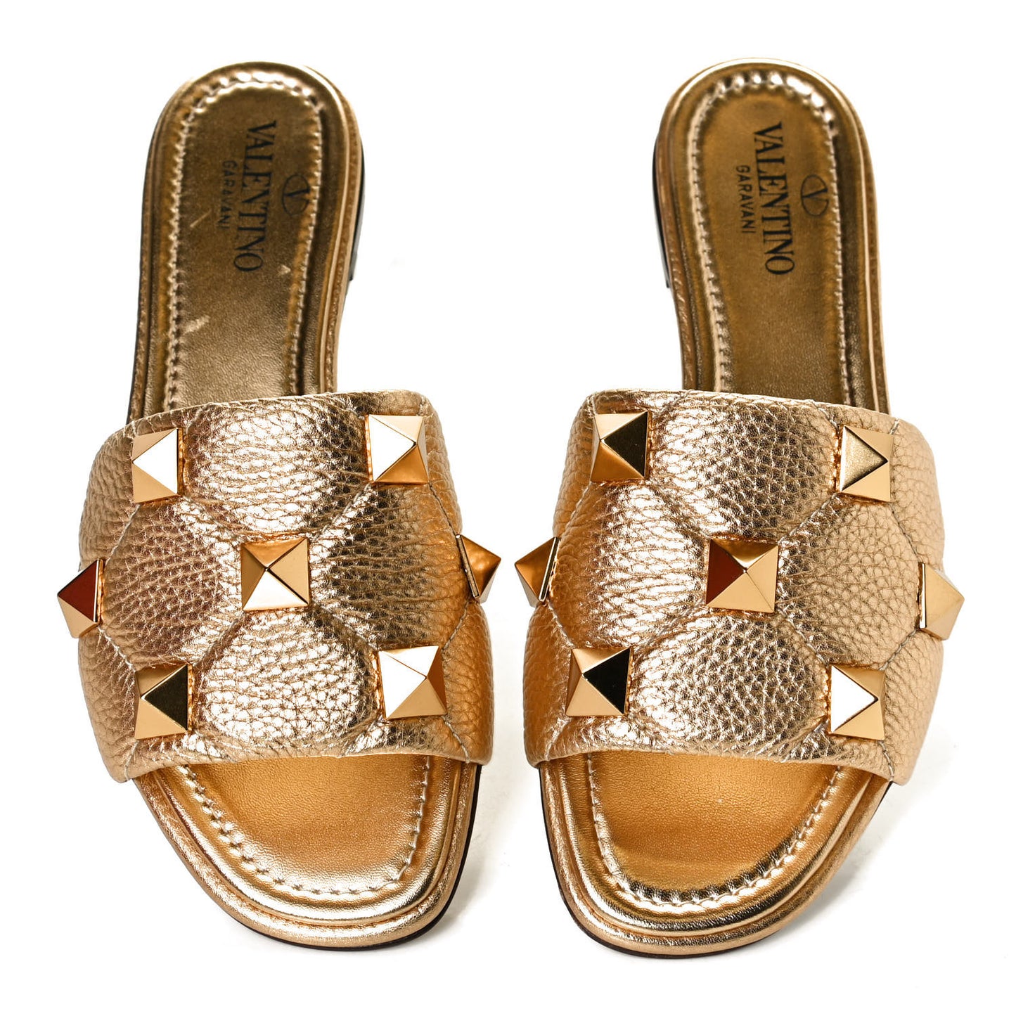 Metallic Pebbled Calfskin Roman Stud Flat Slide Sandals 36 Antique Brass