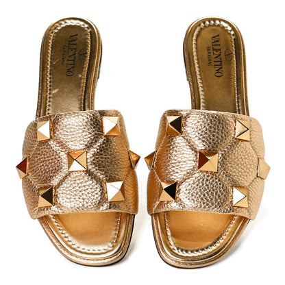 Valentino Garavani Metallic Pebbled Calfskin Roman Stud Flat Slide Sandals 36 Antique Brass 5 of 12