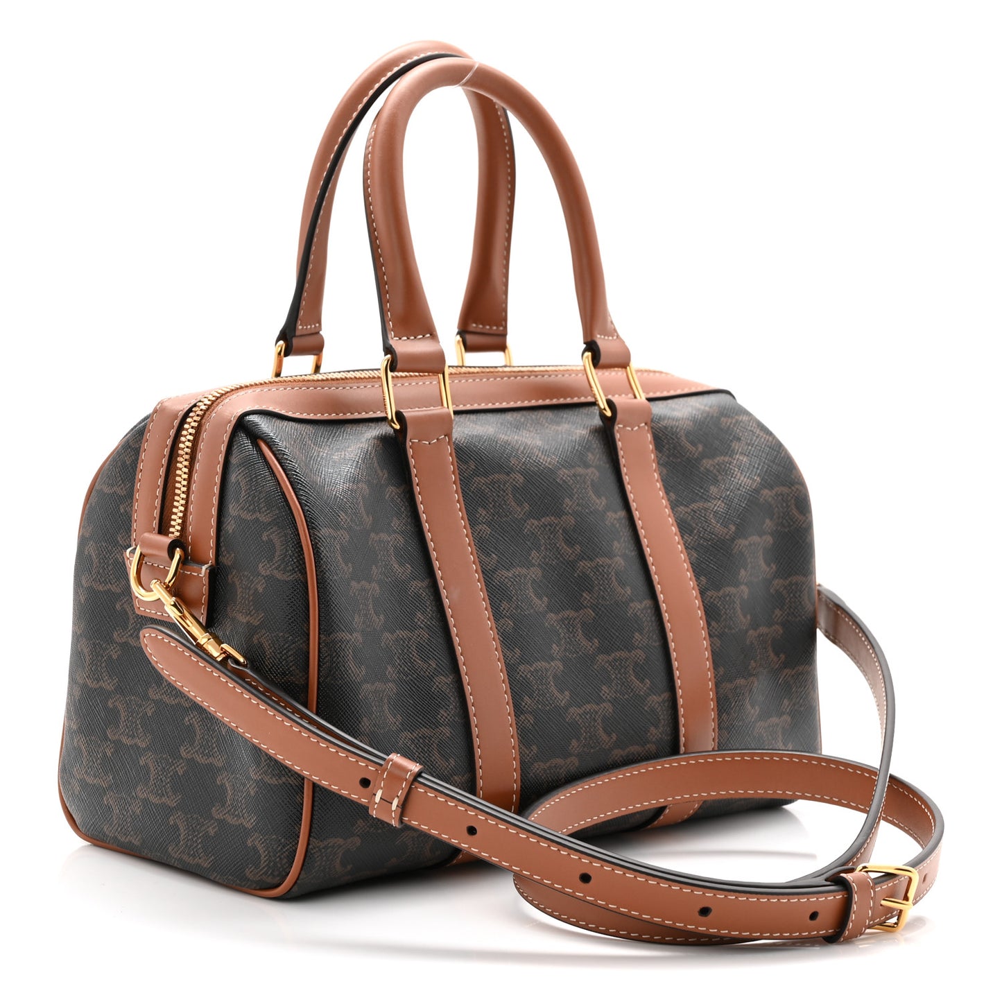 Triomphe Canvas Calfskin Medium Boston Bag Tan