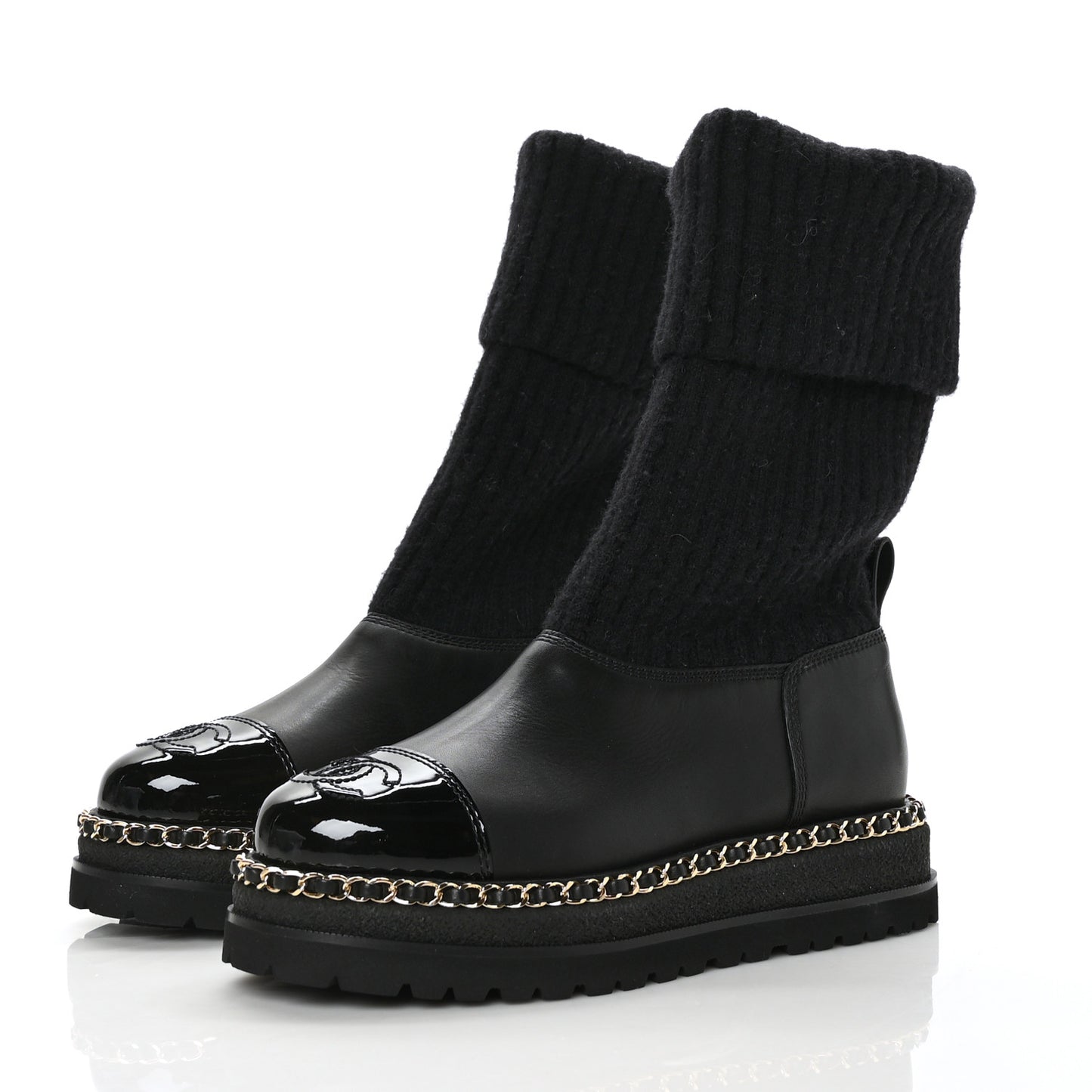Knit Calfskin Patent CC Cap Toe Chain Boots 38 Black