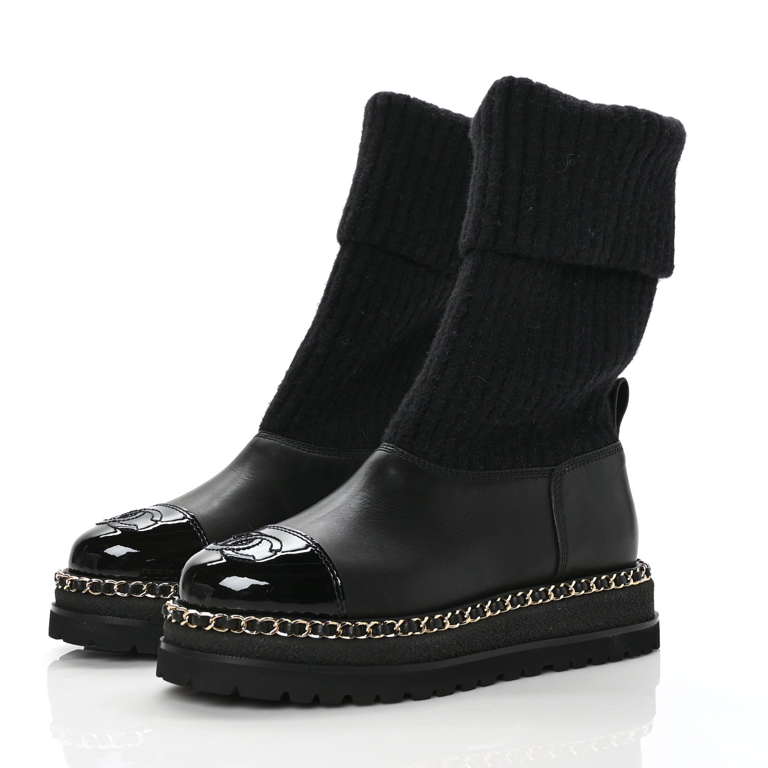 Chanel Knit Calfskin Patent CC Cap Toe Chain Boots 38 Black 3 of 6