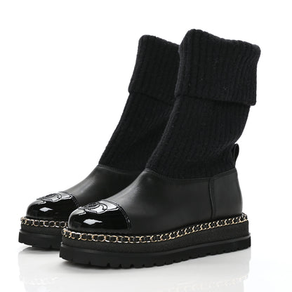 Chanel Knit Calfskin Patent CC Cap Toe Chain Boots 38 Black 3 of 6