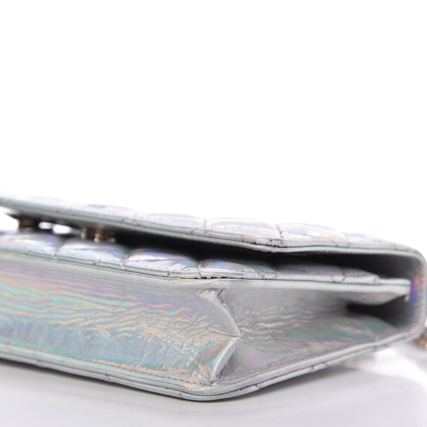 Iridescent Goatskin Quilted Wallet On Chain WOC Silver