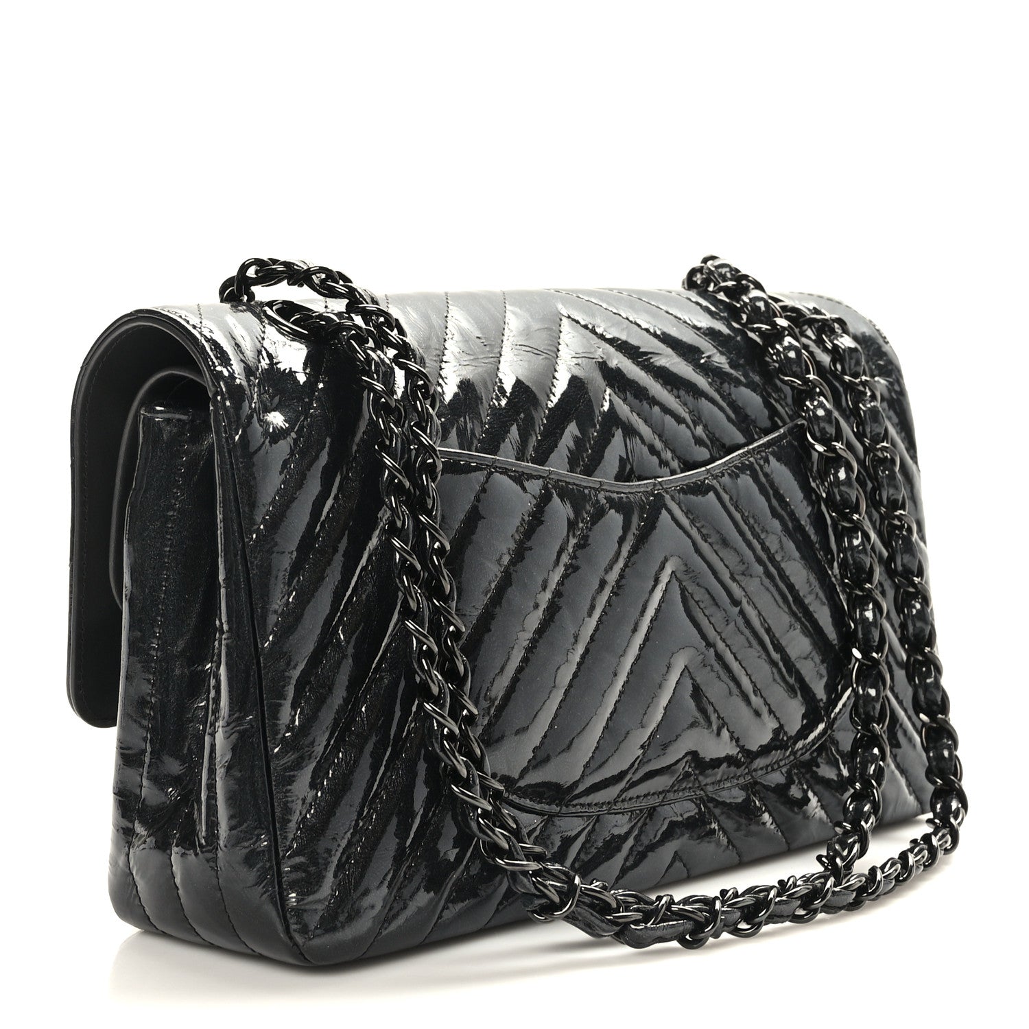 Chanel Metallic Patent Crumpled Calfskin Chevron Quilted Medium Double Flap So Black 3 of 10