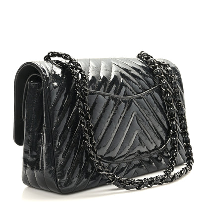 Chanel Metallic Patent Crumpled Calfskin Chevron Quilted Medium Double Flap So Black 3 of 10