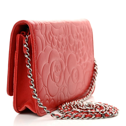 Chanel Lambskin Camellia Embossed Wallet on Chain WOC Red 3 of 20