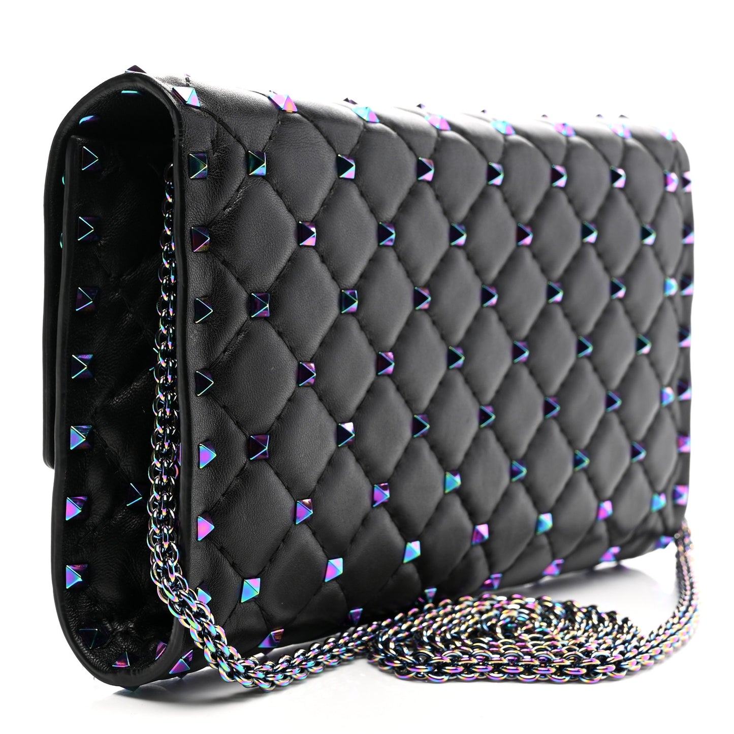 Lambskin Oil Slick Rockstud Spike Wallet on Chain Black