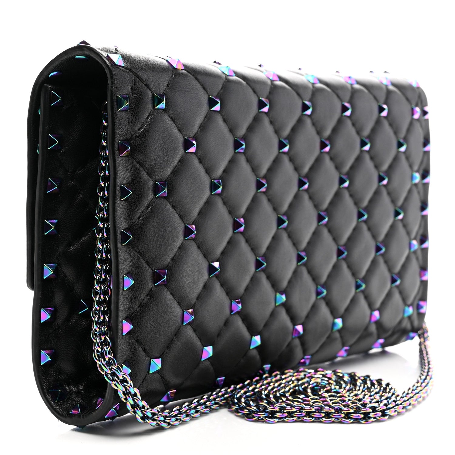 Valentino Garavani Lambskin Oil Slick Rockstud Spike Wallet on Chain Black 3 of 9