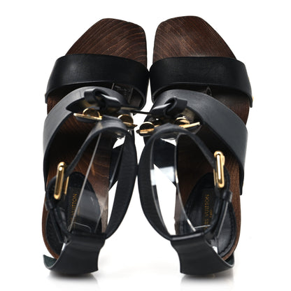 Louis Vuitton Wood Calfskin Vedette Platform Sandals 37.5 Black 2 of 9