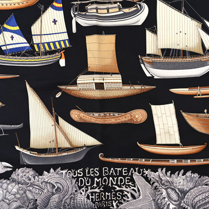 Hermes Silk Tous Les Bateaux Du Monde Scarf 90 Black Gris Marron 2 of 3