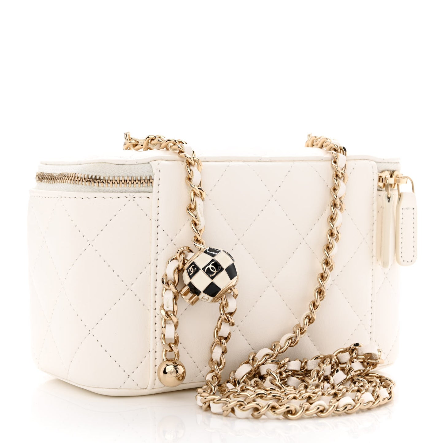 Lambskin Quilted Enamel CC Pearl Crush Small Vanity Case With Chain White
