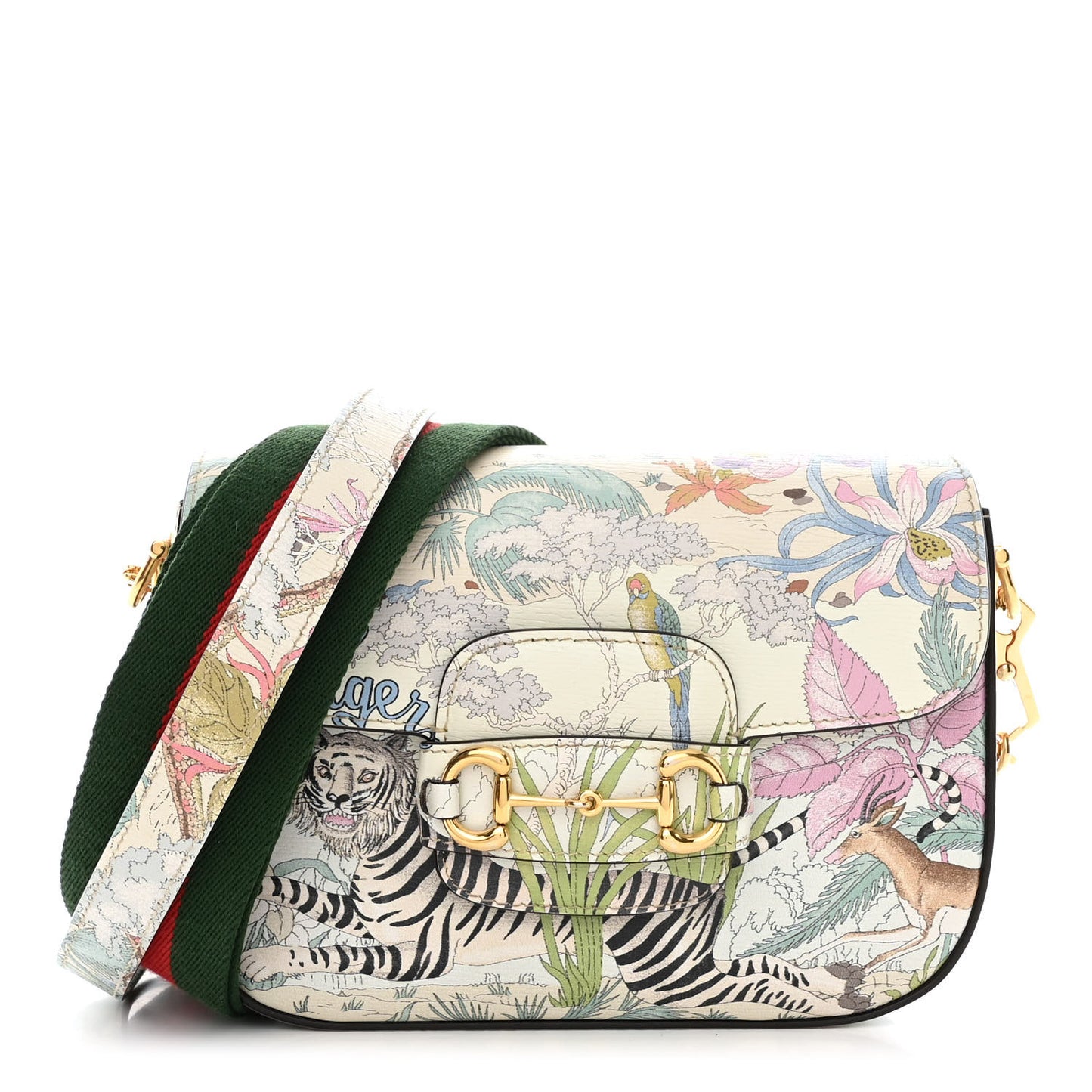 New Shangai Calfskin Tiger Savanah Web Mini Horsebit 1955 Shoulder Bag Chalky White Multicolor