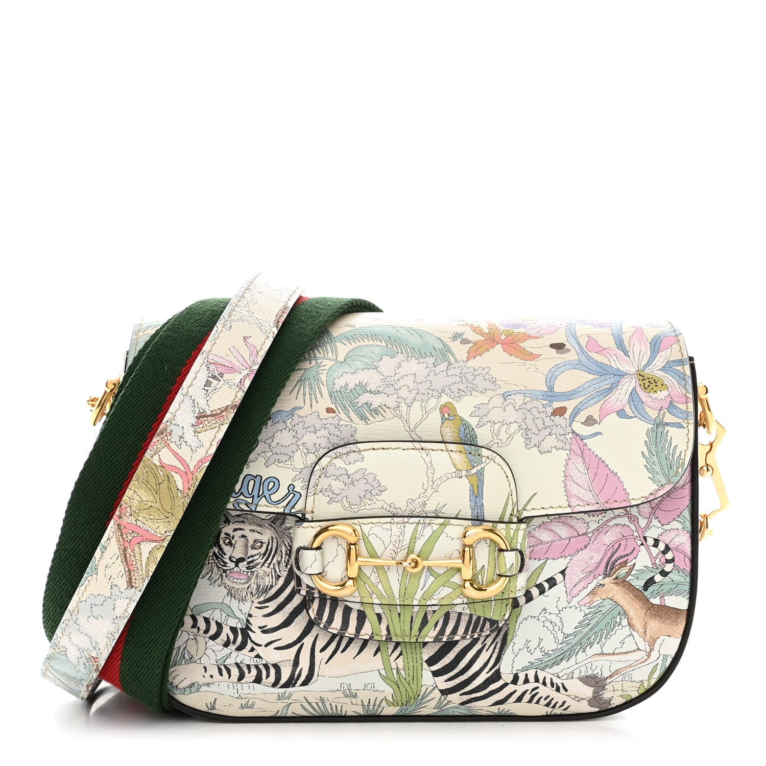 Gucci New Shangai Calfskin Tiger Savanah Web Mini Horsebit 1955 Shoulder Bag Chalky White Multicolor 1 of 10