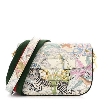 Gucci New Shangai Calfskin Tiger Savanah Web Mini Horsebit 1955 Shoulder Bag Chalky White Multicolor 1 of 10
