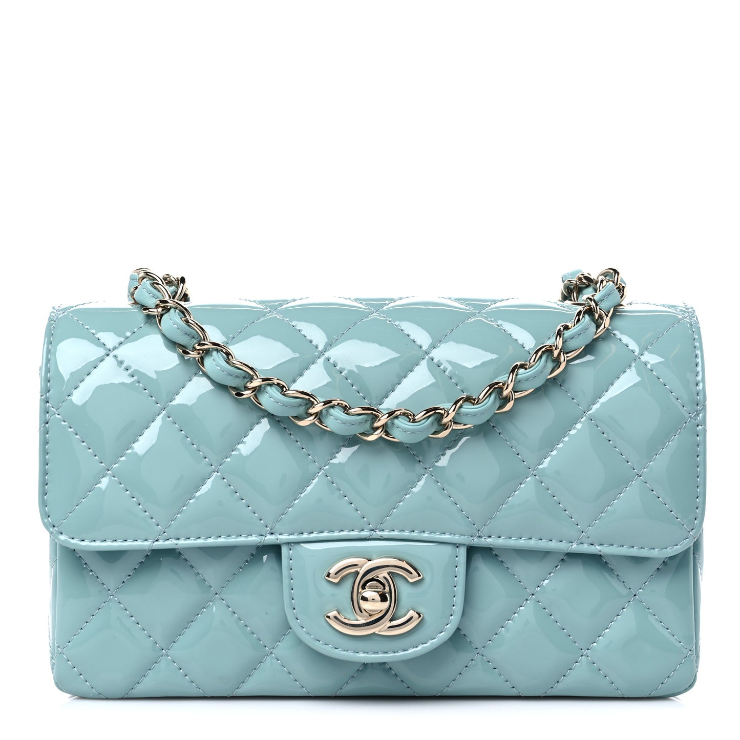 Patent Calfskin Quilted Mini Rectangular Flap Light Blue