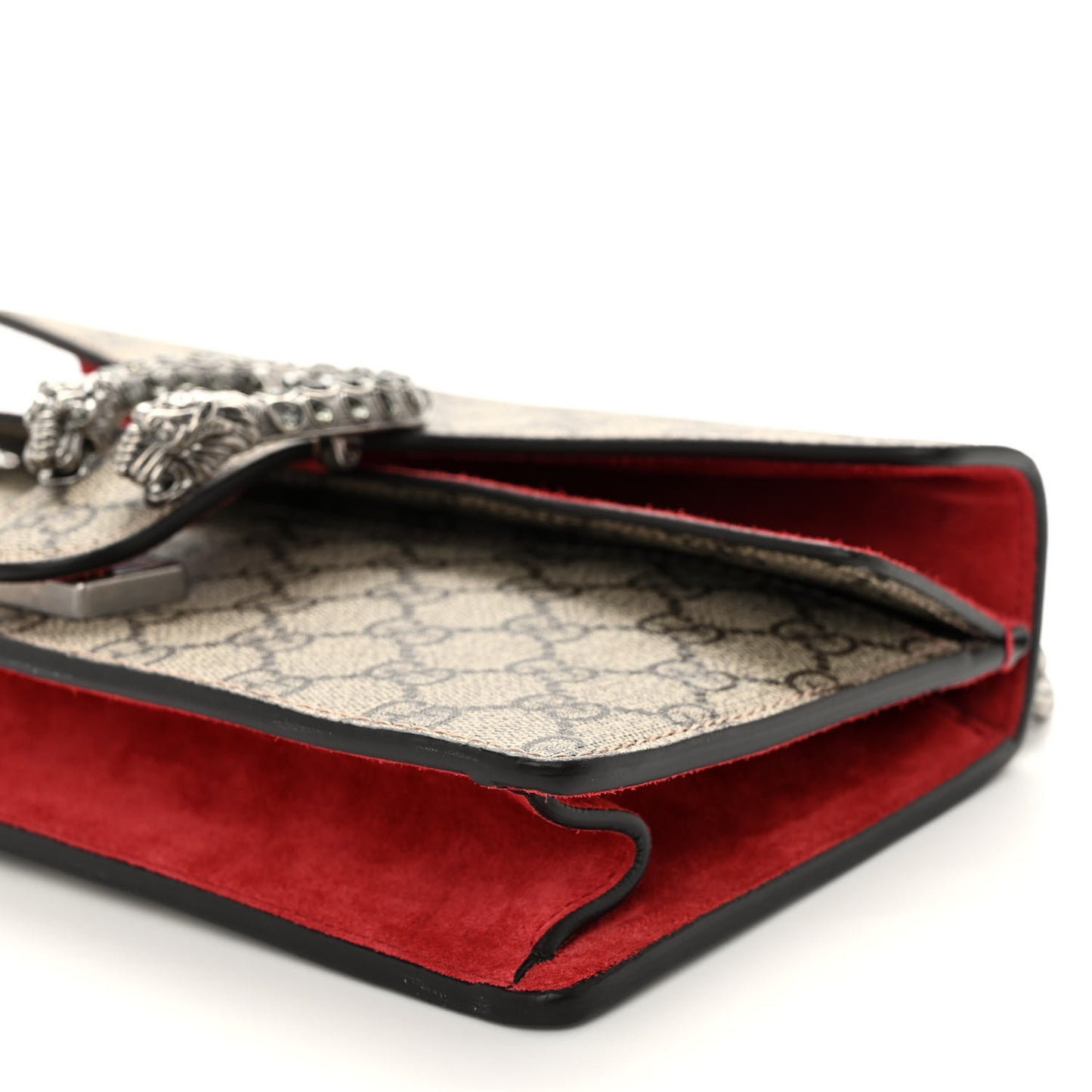 GG Supreme Monogram Suede Crystal Small Dionysus Shoulder Bag Beige Ebony Vulcanic Red