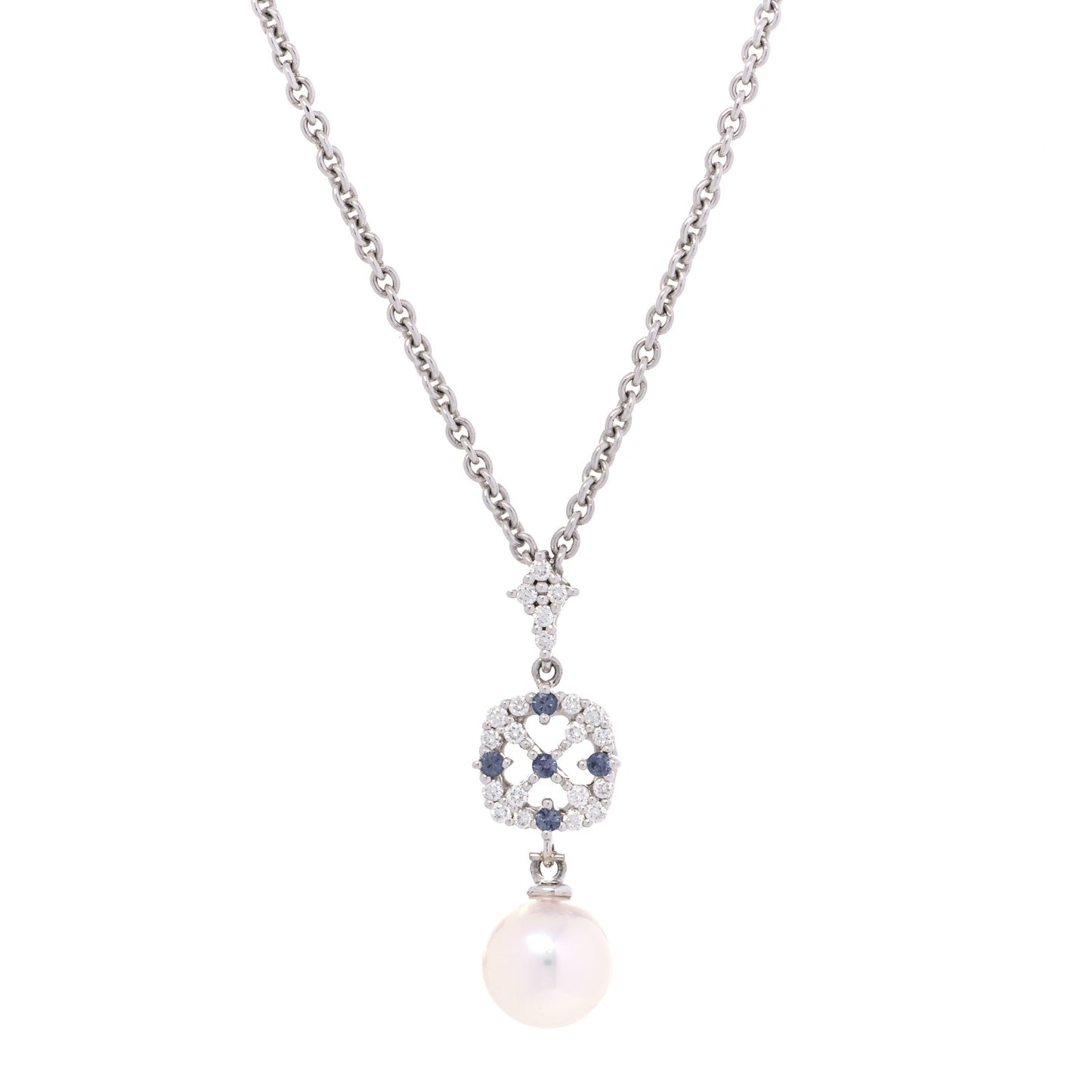 18K White Gold Diamond Blue Sapphire Akoya Pearl 8mm Drop Pendant Necklace