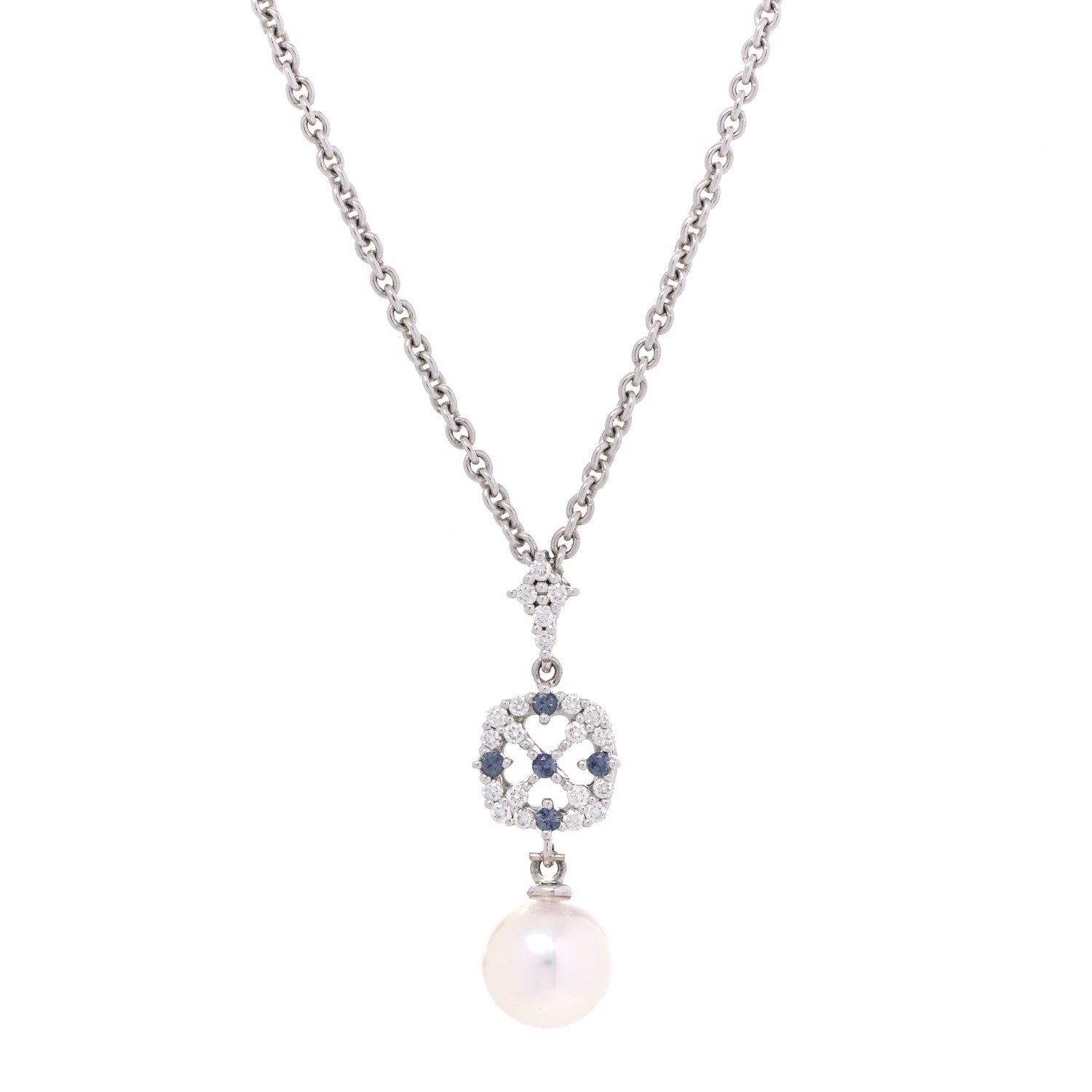 Mikimoto 18K White Gold Diamond Blue Sapphire Akoya Pearl 8mm Drop Pendant Necklace 1 of 5
