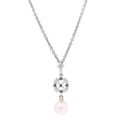 Mikimoto 18K White Gold Diamond Blue Sapphire Akoya Pearl 8mm Drop Pendant Necklace 1 of 5