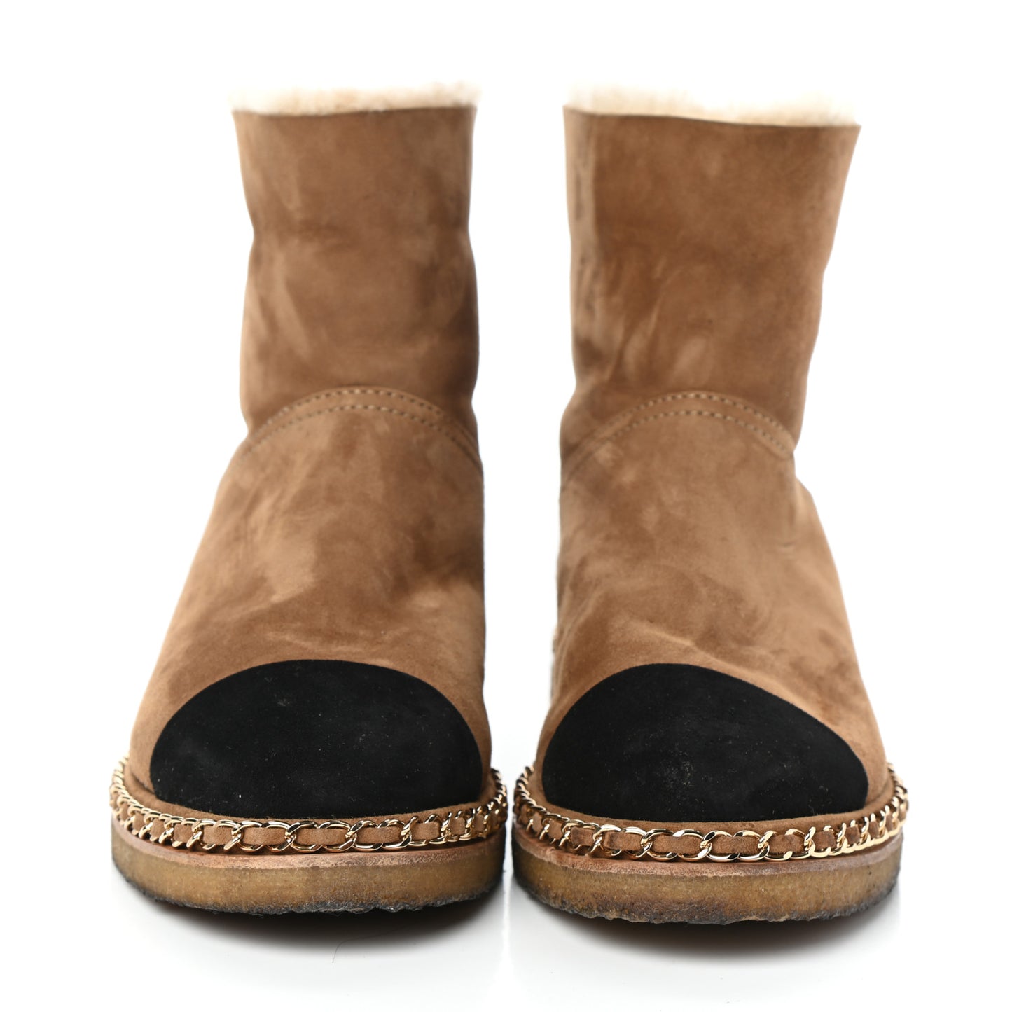Kid Suede Shearling Womens Cap Toe Chain Short Boots 39.5 Light Brown Black