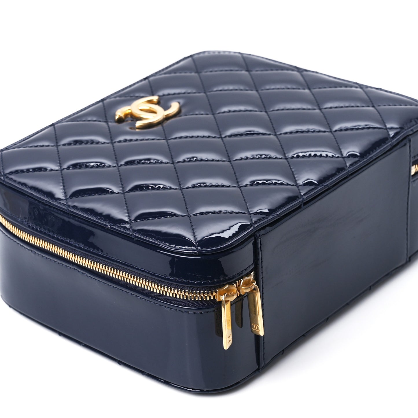 Patent Quilted Top Handle Vanity Case Navy Blue