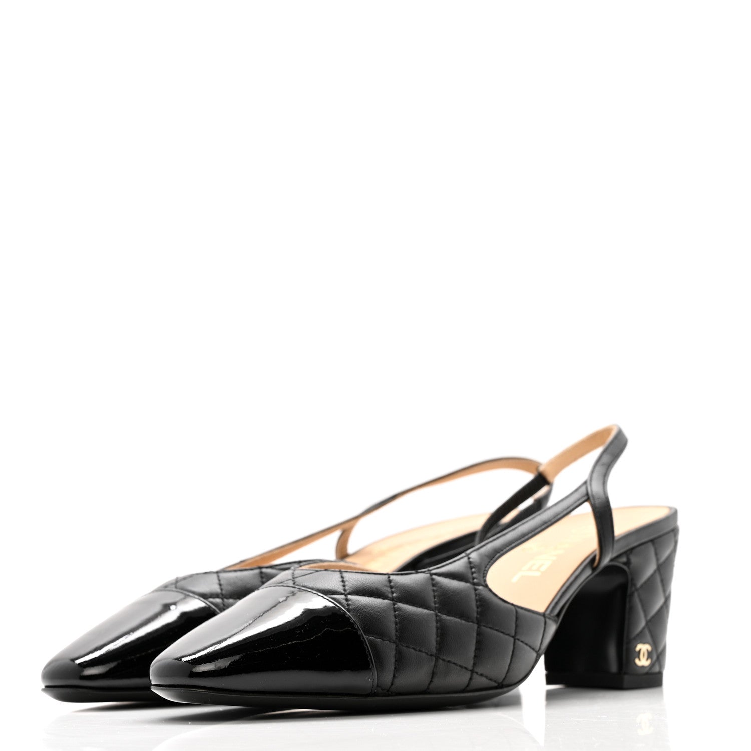 Chanel Lambskin Patent Calfskin Quilted Cap Toe CC Slingback Pumps 39.5 Black 4 of 10