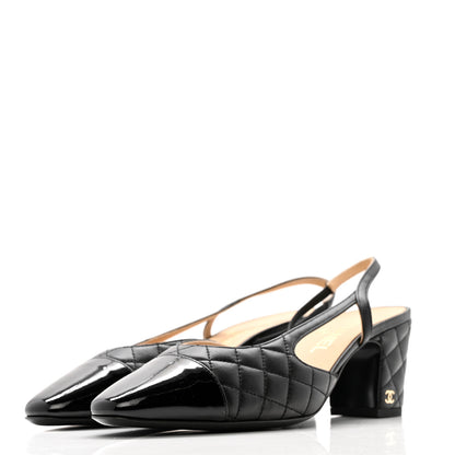 Chanel Lambskin Patent Calfskin Quilted Cap Toe CC Slingback Pumps 39.5 Black 4 of 10