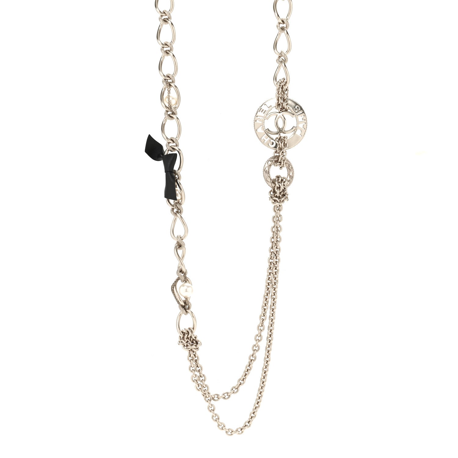 Chanel Metal Pearl Chain CC Paris Pendant Long Necklace Light Gold 1 of 6