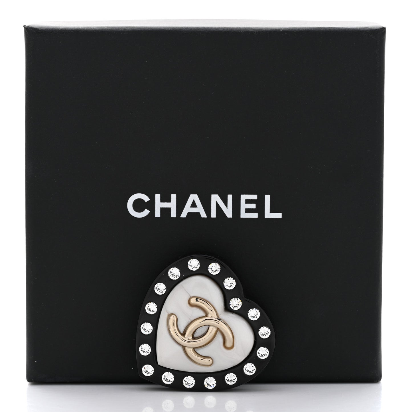 Crystal Pearl CC Heart Brooch Gold Black White