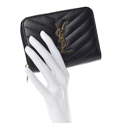 Saint Laurent Grain De Poudre Matelasse Chevron Monogram Compact Zip Around Wallet Black 2 of 9